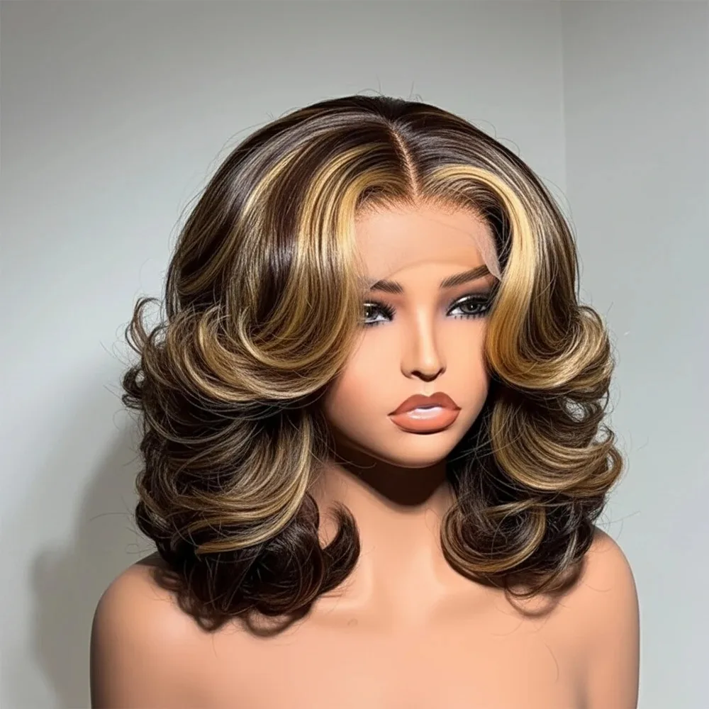 

Colored Body Wave Short Bob Wigs Human Hair Ombre 4/27 Preplucked Lace Frontal Wigs Brazilian Highlight Bob Wigs 220 Density