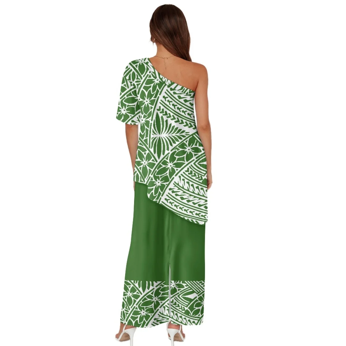 ชุดเดรสยาวสไตล์โพลินีเซียนสำหรับผู้หญิง ชุดเดรสยาวฤดูร้อนแบบเปิดไหล่ข้างเดียว ดีไซน์หรูหรา ชุดเดรสยาวแบบสั่งทำพิเศษ ลายพิมพ์สีเขียวแบบฮาวายและซามัว