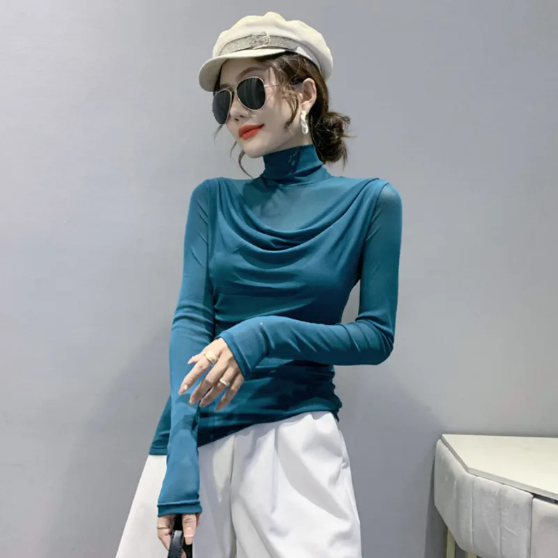 #8412 Spring Autumn Turtleneck T Shirt Women Solid Color Skinny Women\'s T-shirt Mesh Sleeve False Two Piece T Shirt Korean Style