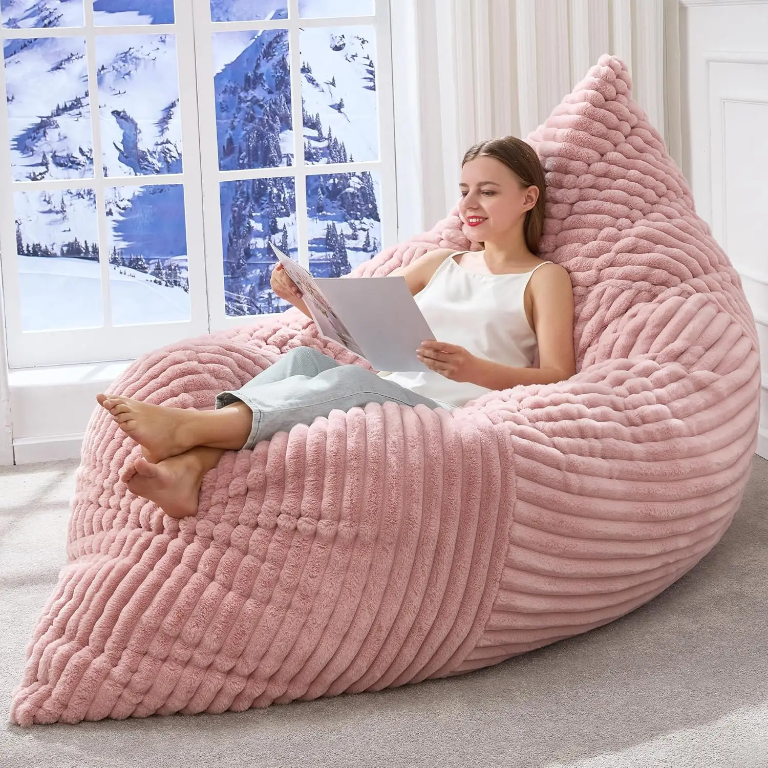 

3-in-1 Convertible Giant Bean Bag Chair with Washable Cover, Memory Foam Filling for Adults and Teens (Pink)