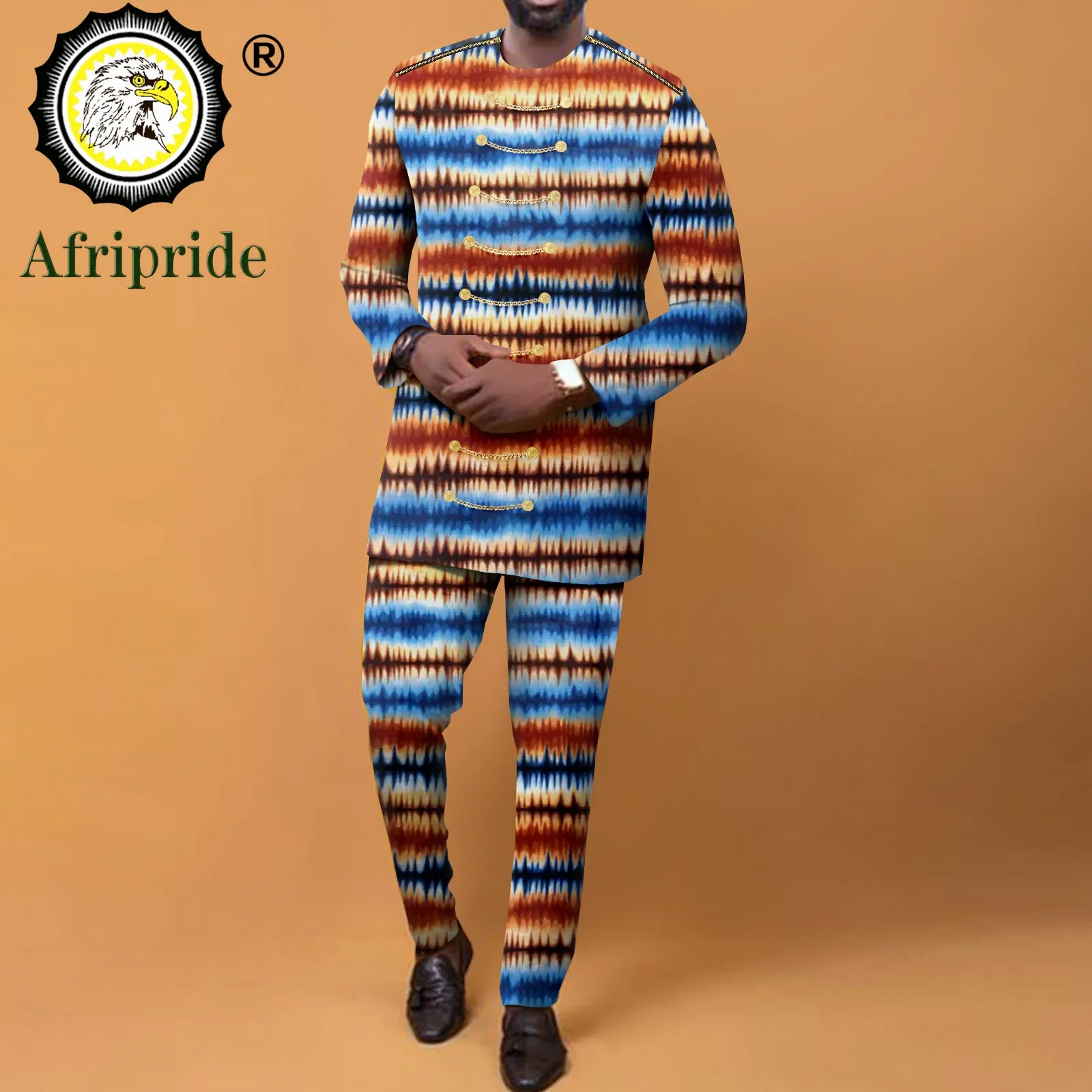 Bazin Riche African Men Clothing Dashiki Outfits Tribal Tracksuit Print Shirts with Chain and Pants 2 Piece Set A2216033