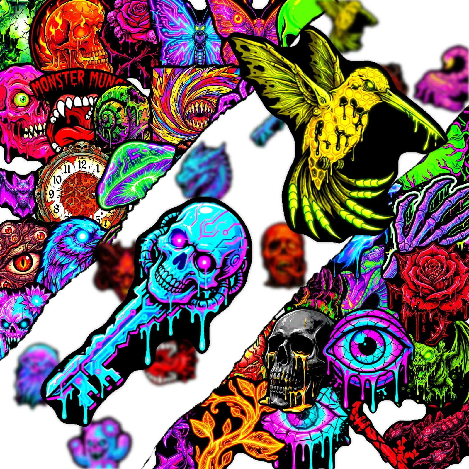 50 Pcs Dark Psychedelic Monster Skull Waterproof Decorative Stickers for Journal Scrapbook Phone Case Laptop Water Bottle