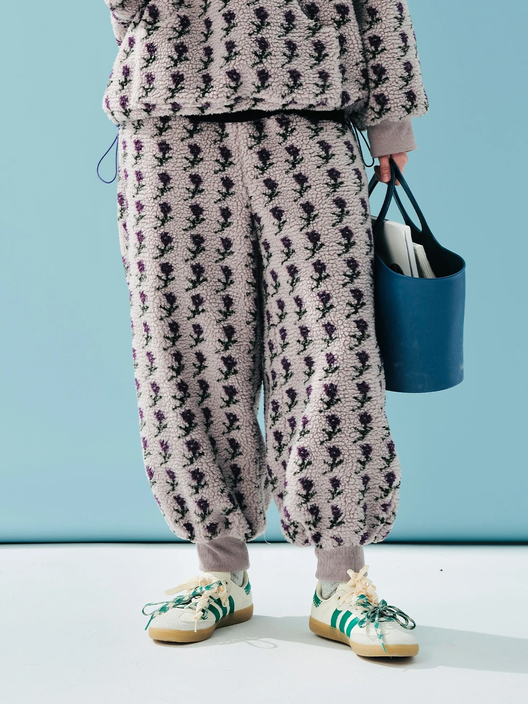 imakokoni Grey Purple Lamb Wool Pants Women's Winter with Thick Velvet Design and Small Flower Shrink Mouth Pants