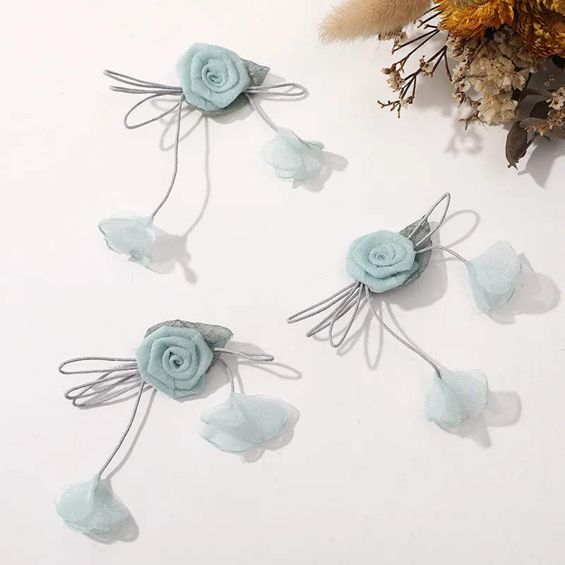 Organza Handmade Hair Clips, flores de rosa, borla doce, pétalas, malha, DIY acessórios de vestuário, atacado, 4pcs