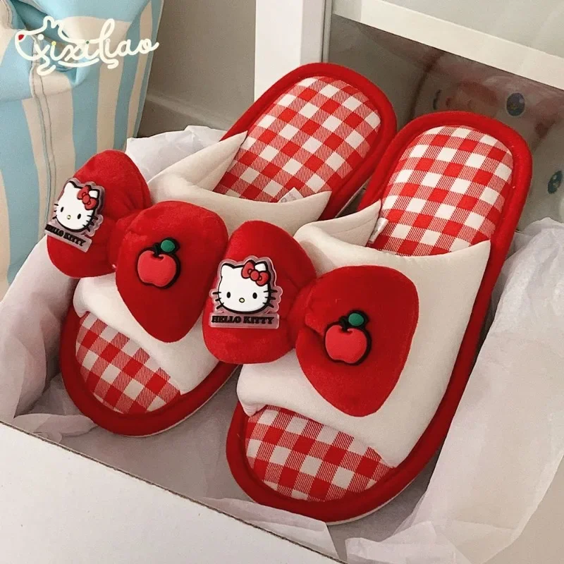 

Sanrio Hello Kitty Kuromi Cotton and Linen Slippers Cute Bow Women's Four-season Casual Pvc Soft-soled Home Shoes Non-slip