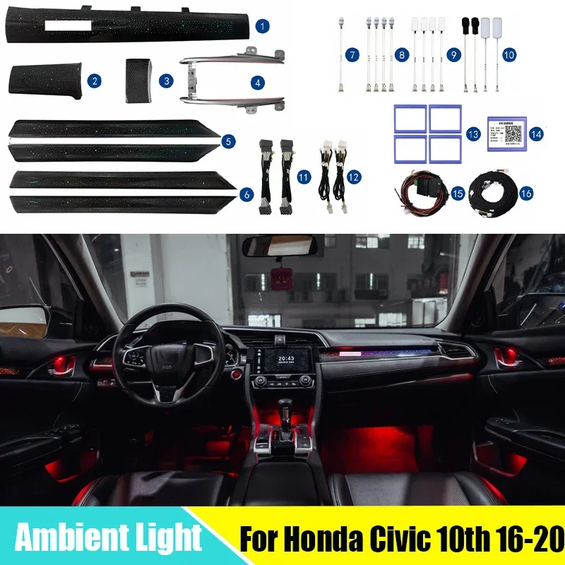 LED Ambient Light For Honda Civic 10th 2016-2020 Dynamic Illusion Streamer Starry Sky Ambience Lamp Button +APP Control