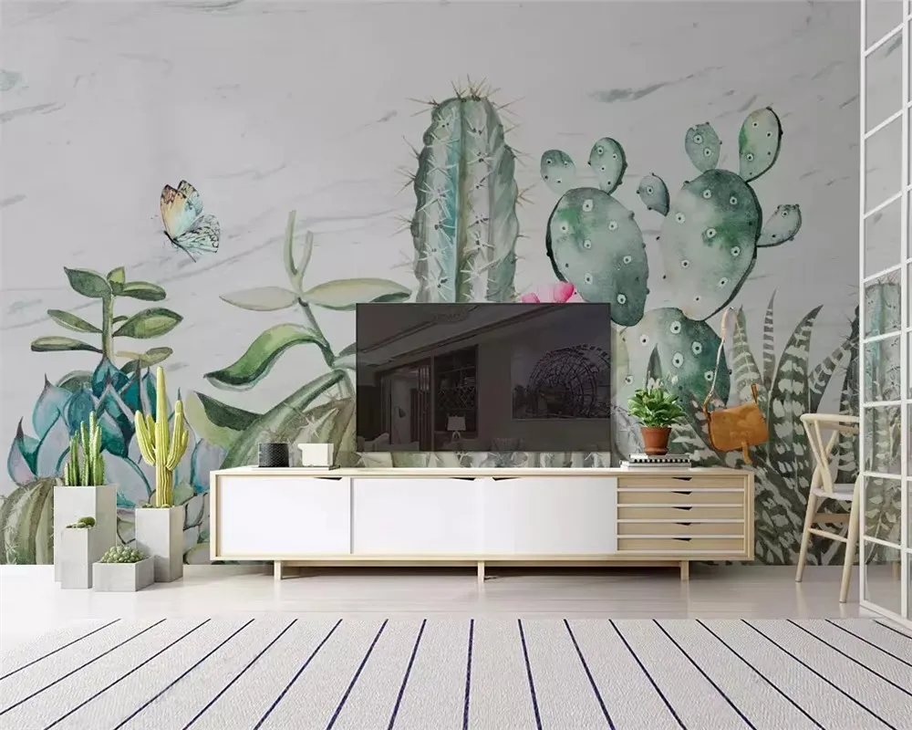 Custom wallpaper wall stickers Hand painted cactus butterfly Flower modern small fresh background wall 3d wallpaper