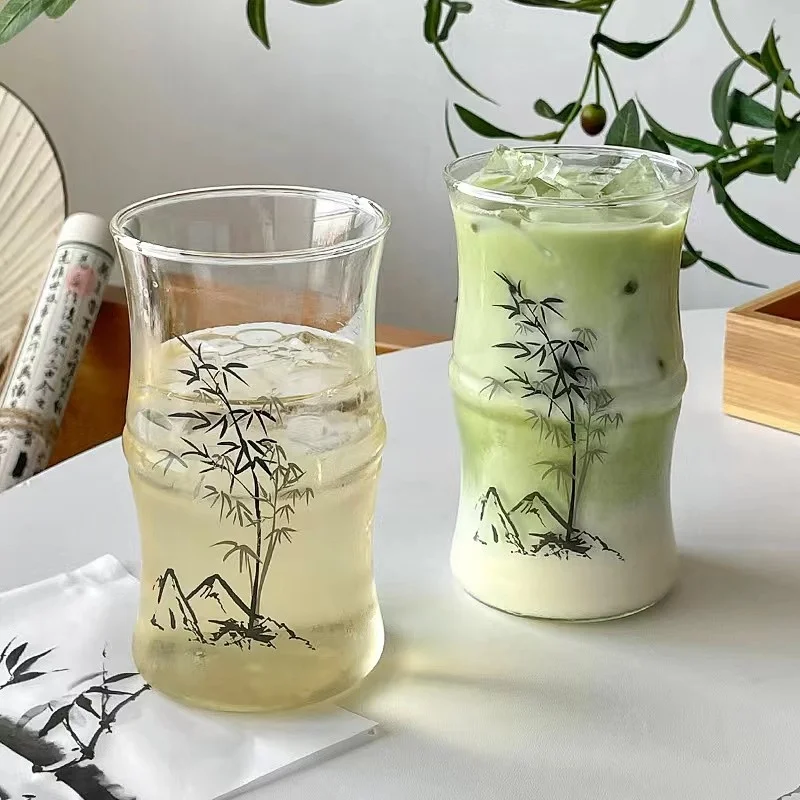 400mL Traditional Ink Painting Design Bamboo Shaped Glass Cups Suitable for DIY Latte Scented Tea Gathering Tea Party Drinkware