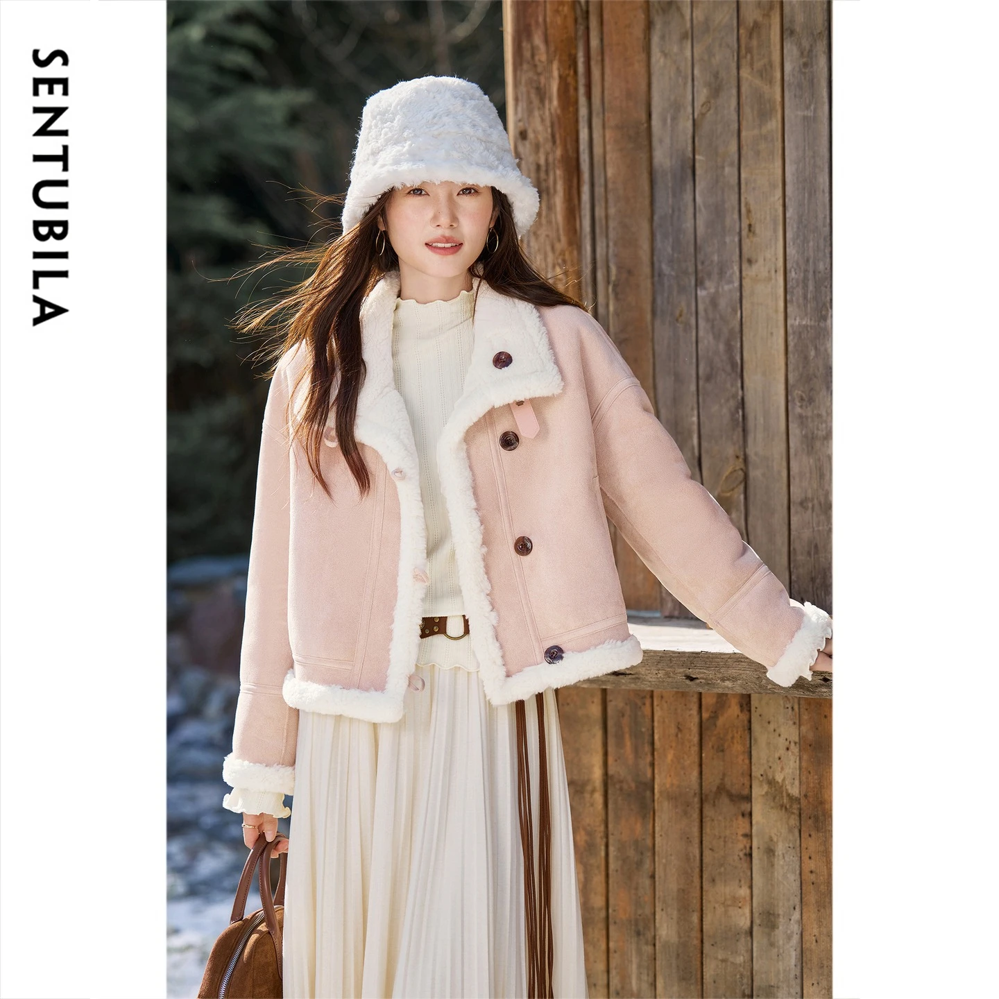 SENTUBILA Women's Faux Fur Jacket Winter Contrast Color Button Two Way Wear Short Coat 2026 Thick Warm Lapel Overcoat W64PD8074