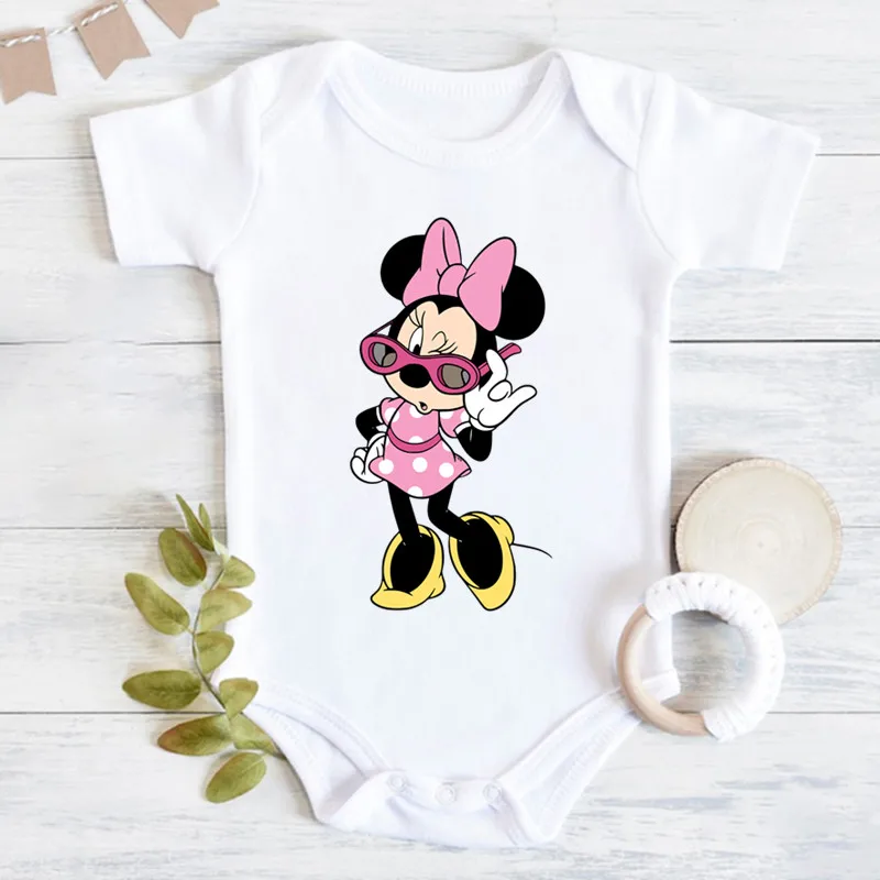 Śliczne Leopard Minnie Mouse Disney Newbron body odzież dla dzieci lato krótki rękaw bawełna Minnie Kawaii Romper kombinezon