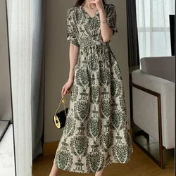 Spring Summer Printed Floral Dress Women Casual Dresses Fashion Female Vestidos Short Sleeve Vintage V-neck A-line Dresses