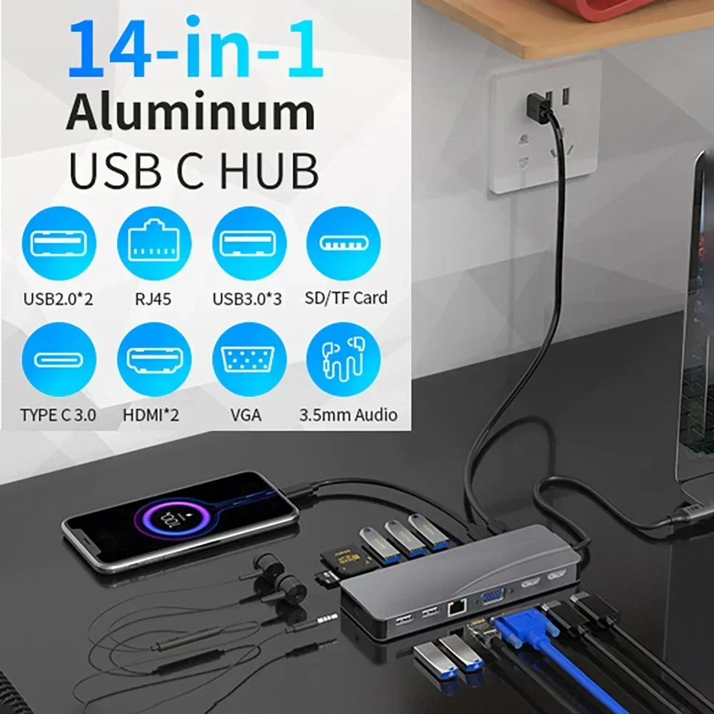 HY Digital 14 In 1 Docking Station, Thunderbolt 3/4 USB-C Splitter HDMI 4K Port Hub Dock for Air Mac Apple MacBook Pro Laptop