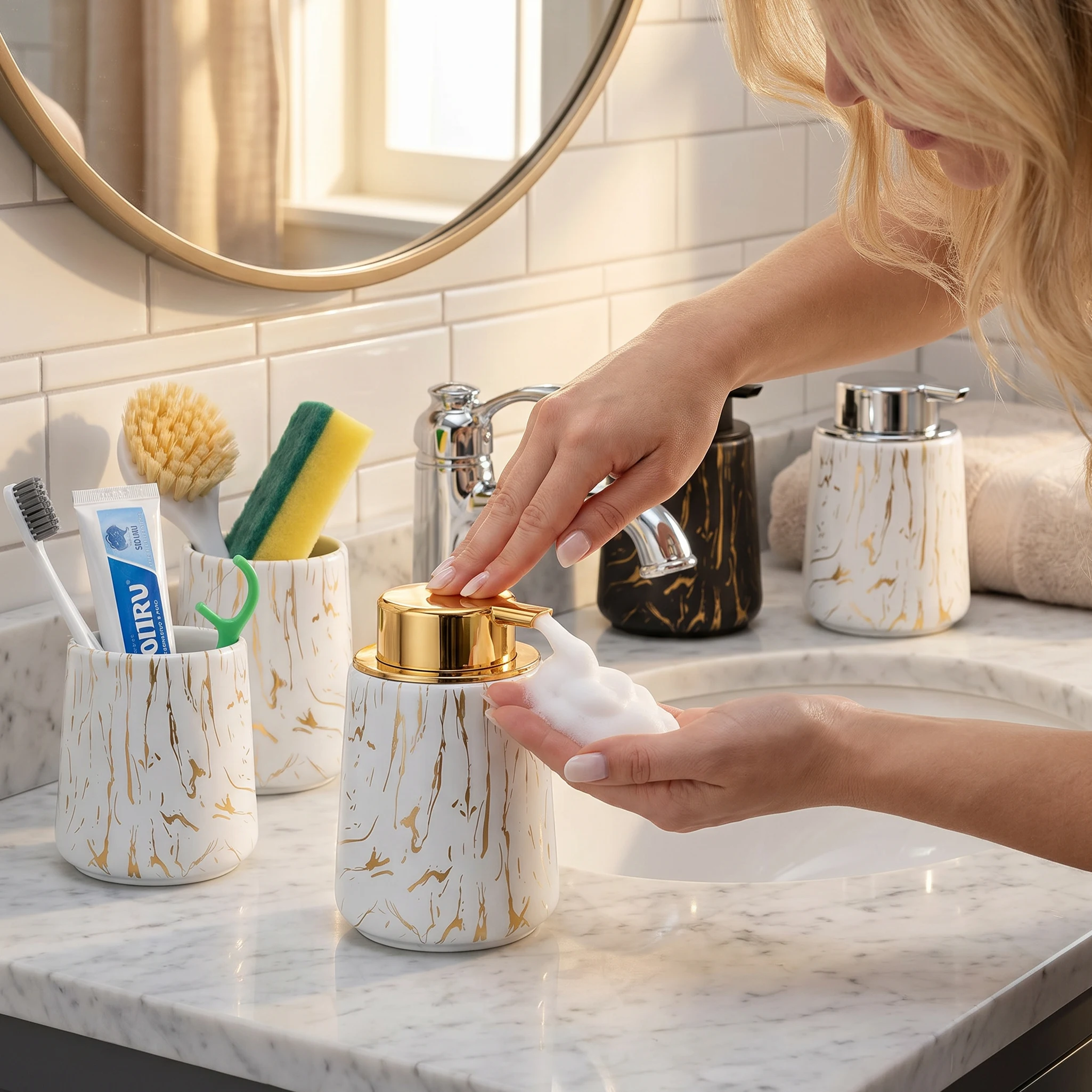 Foam Soap Dispenser set for Bathroom/Kitchen, Multi-Use Modern Vanity Hand Soap Dispenser and Cup for Toothbrush, Makeup Brush