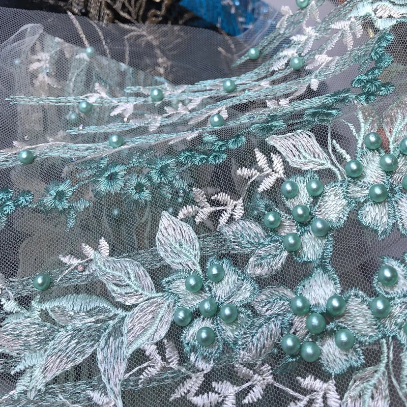 1Ps Black Blue Green Beaded Mesh Fabric Long Patch Flower Mesh Embroidered African Lace Applique Sew Wedding Dress Clothes Diy