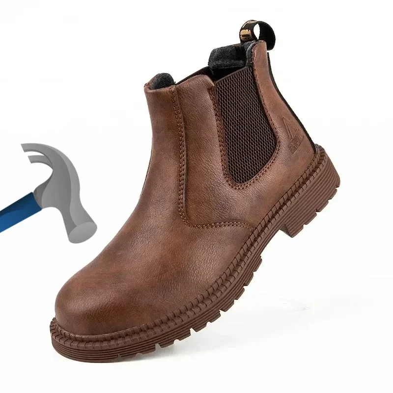 Mens Shoes Proof Safety Work Shoes for Men Steel Head Leather Boots Male Footwear Indestructible Construction Work Shoes Brown