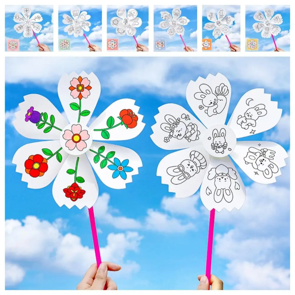 Flower DIY Color Filling Windmill Toy Space Rabbit Handmade Art Painting Winnower Educational Dinosaur Blank Windmill Toy