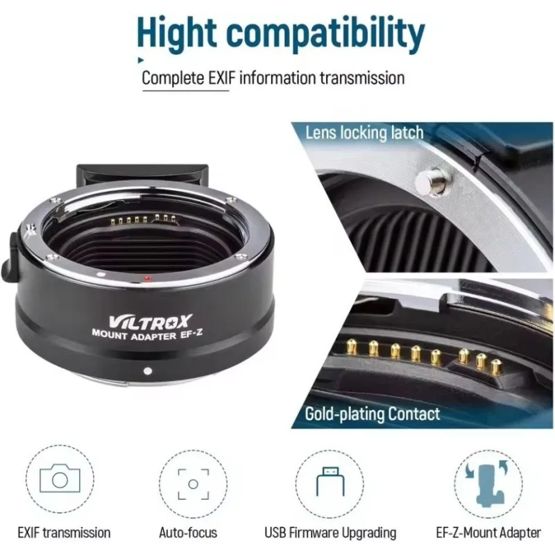 VILTROX EF-Z 자동 초점 렌즈 마운트 어댑터 링 컨버터 (캐논 EF/EF-S 렌즈용, 니콘 Z 마운트 호환, Z6 Z7 Z50 Z8 호환)