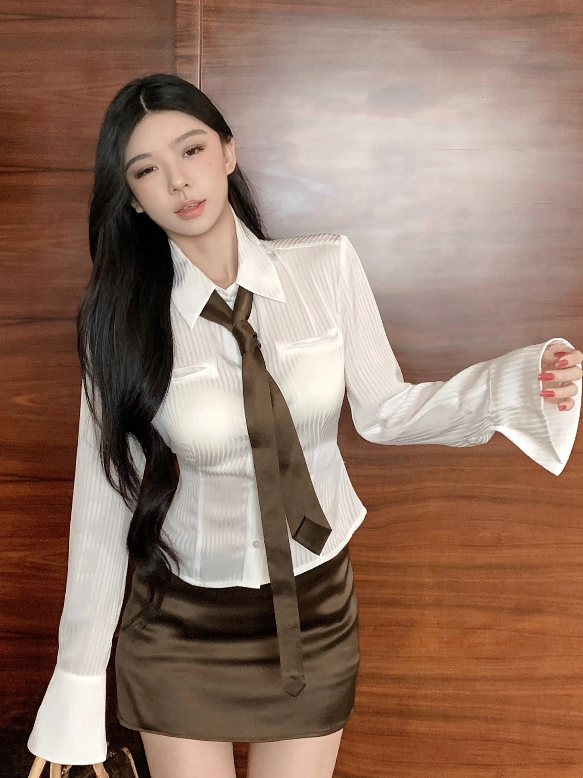 Set gonna ort in raso liscio di seta da donna Faionable Versatile irt Top e gonna Ensemble Autunno Inverno Vita snellente