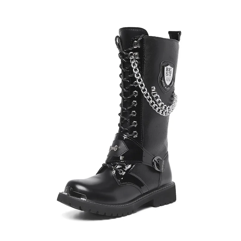 Moda męska buty motocyklowe do połowy łydki oddychające buty bojowe gotycki pasek Punk buty męskie buty wysokie buty na co dzień ze stalowymi noskami