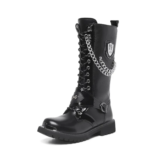 Moda męska buty motocyklowe do połowy łydki oddychające buty bojowe gotycki pasek Punk buty męskie buty wysokie buty na co dzień ze stalowymi noskami