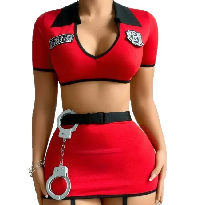 

Сексуальная униформа для ролевых игр на Хэллоуин, костюм женщины-полицейского SM с короткими рукавами и запахом на бедрах, глубокая V-образная юбка, очаровательные комплекты Pure Desire Fiery