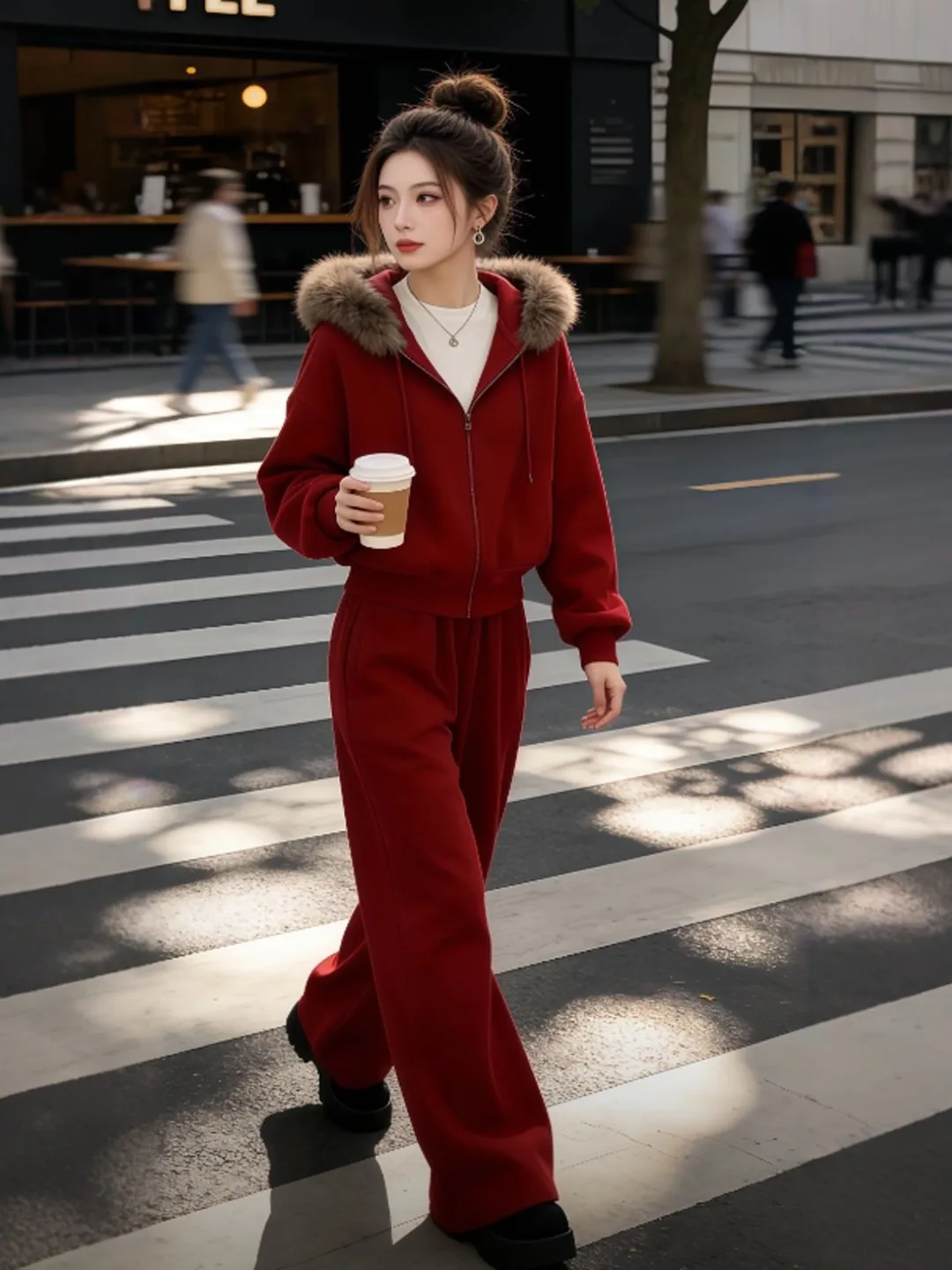 

Комплект: Красная толстовка с капюшоном и брюки с широкими штанинами. Стильный весенний женский костюм для отдыха. Удобный свободный крой, застежка-молния.