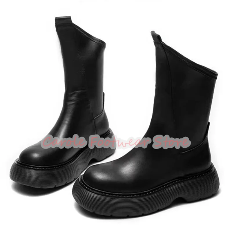 

Male Irregular High Top Genuine Leather Chelsea Boots Round Toe Chunky Bottom Motorcycle Boots Men's Outside Leisure Shoes