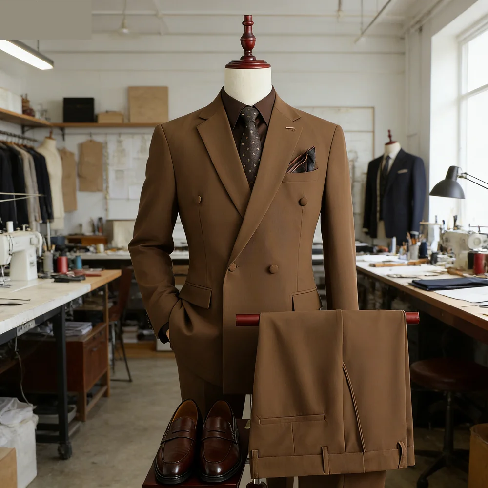 

Premium Double-Breasted Suit Set for Men Groom's Wedding Attire Business Casual Formal Wear Workwear Jacket Slim-Fit Blazer