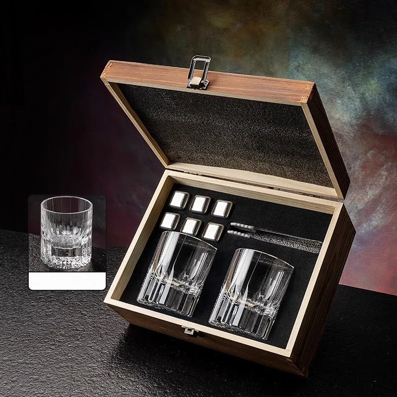 

Creative Whiskey Glasses Stone Set Luxurious Wine Gift 2 Pcs Whisky Cups And 6 Pcs Stainless Steel Whiskey Stones In Wooden Box