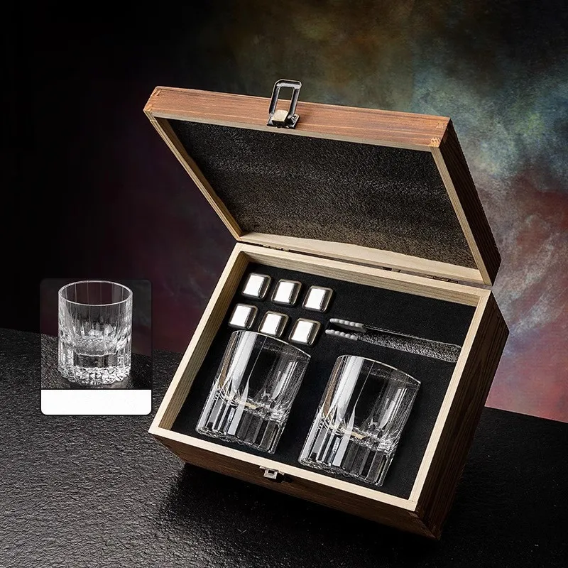 Creative Whiskey Glasses Stone Set Luxurious Wine Gift 2 Pcs Whisky Cups And 6 Pcs Stainless Steel Whiskey Stones In Wooden Box