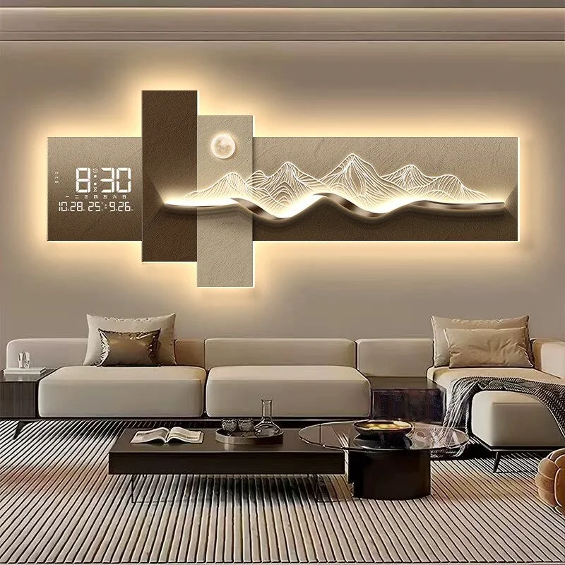 #Modern Living Room Decoration Painting With Mountain Backed Led Clock Wall Lamp Painting Sofa Background Wall Hanging Painting