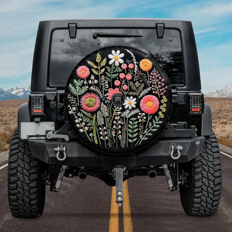 Faux Embroidery Spare Tire Cover, Botanical Tire Cover, Unique Spare Tire Covers Backup Camera Hole, Floral Car accessories wome