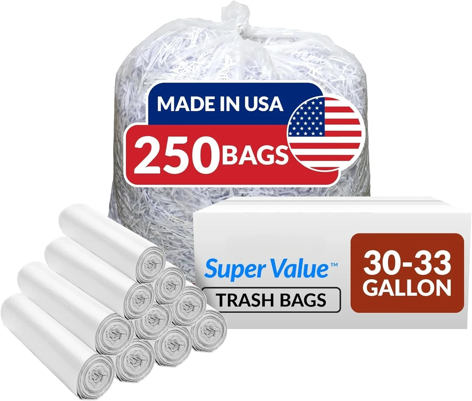 

30-33 Gallon Trash Bags Heavy Duty | 250 Count Bulk | Clear Large Trash Bags 30+, 32 Gallon | Made in USA·Factory Direct Sales