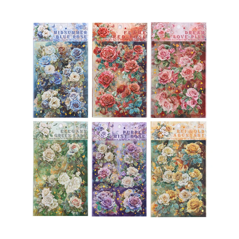 4 Sheets Colorful Rose Flower Gold Foil Background Stickers DIY Handmade Album Scrapbooking Decor Paper Supplies view 5