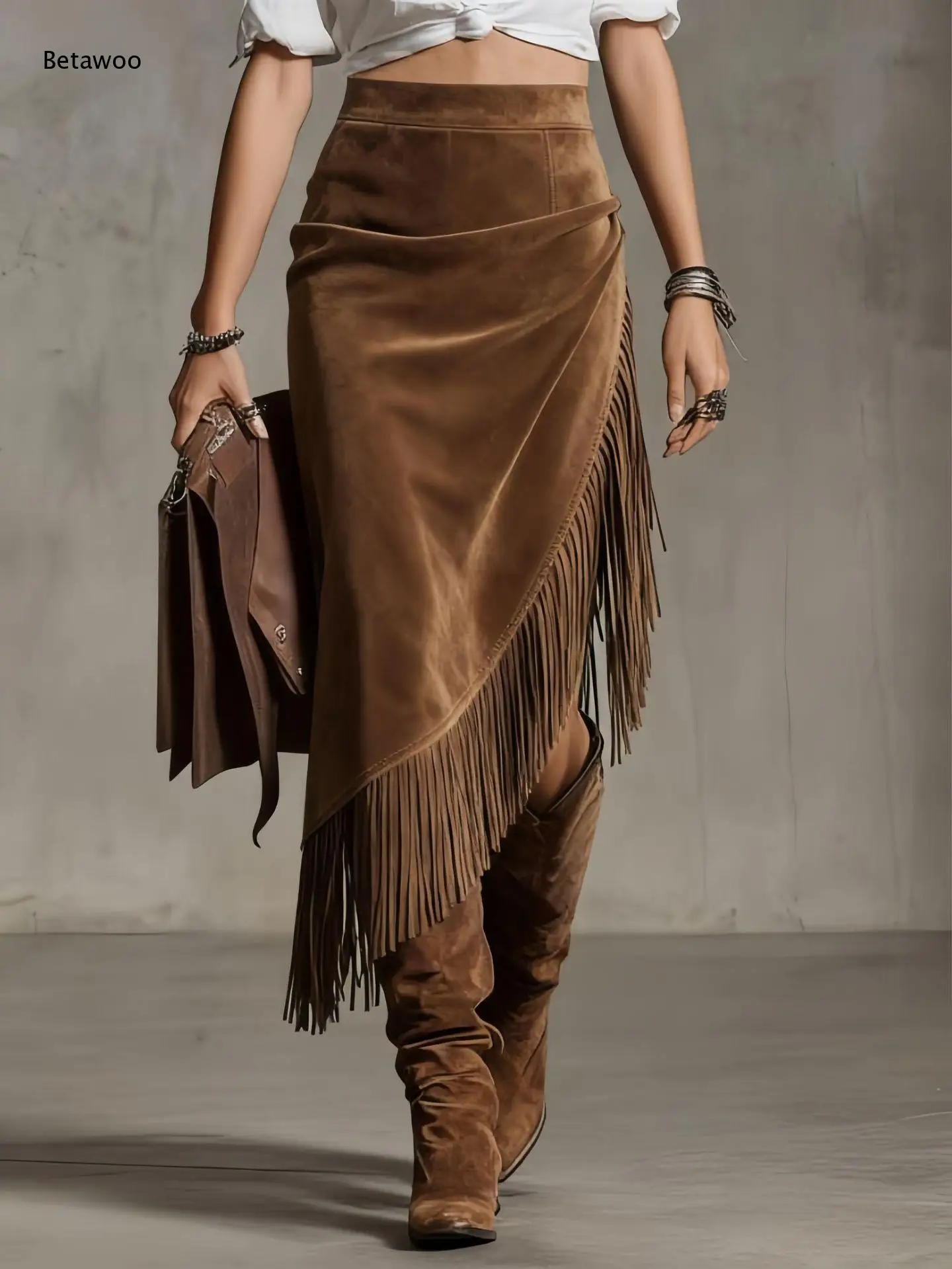 Retro Cowgirl Style Faux Suede Tassel Fringed Wrap Skirt Ladies High Waist Slant Cut Asymmetrical Hem Streetwear Skirt
