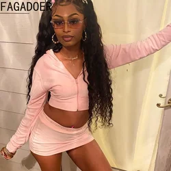 FAGADOER Pink 2 Piece Sets Women Outfit Casual Zip Hoodies Crop Tops and Mini Skirts Suits Hot Girl Y2k Streetwear Autumn New