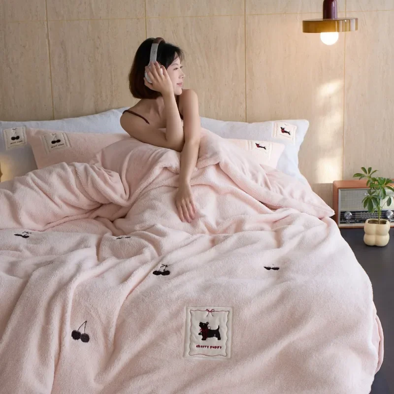 Little Fresh Girl Heart Cherry Embroidery Milk Fleece Thickened Four-piece Set