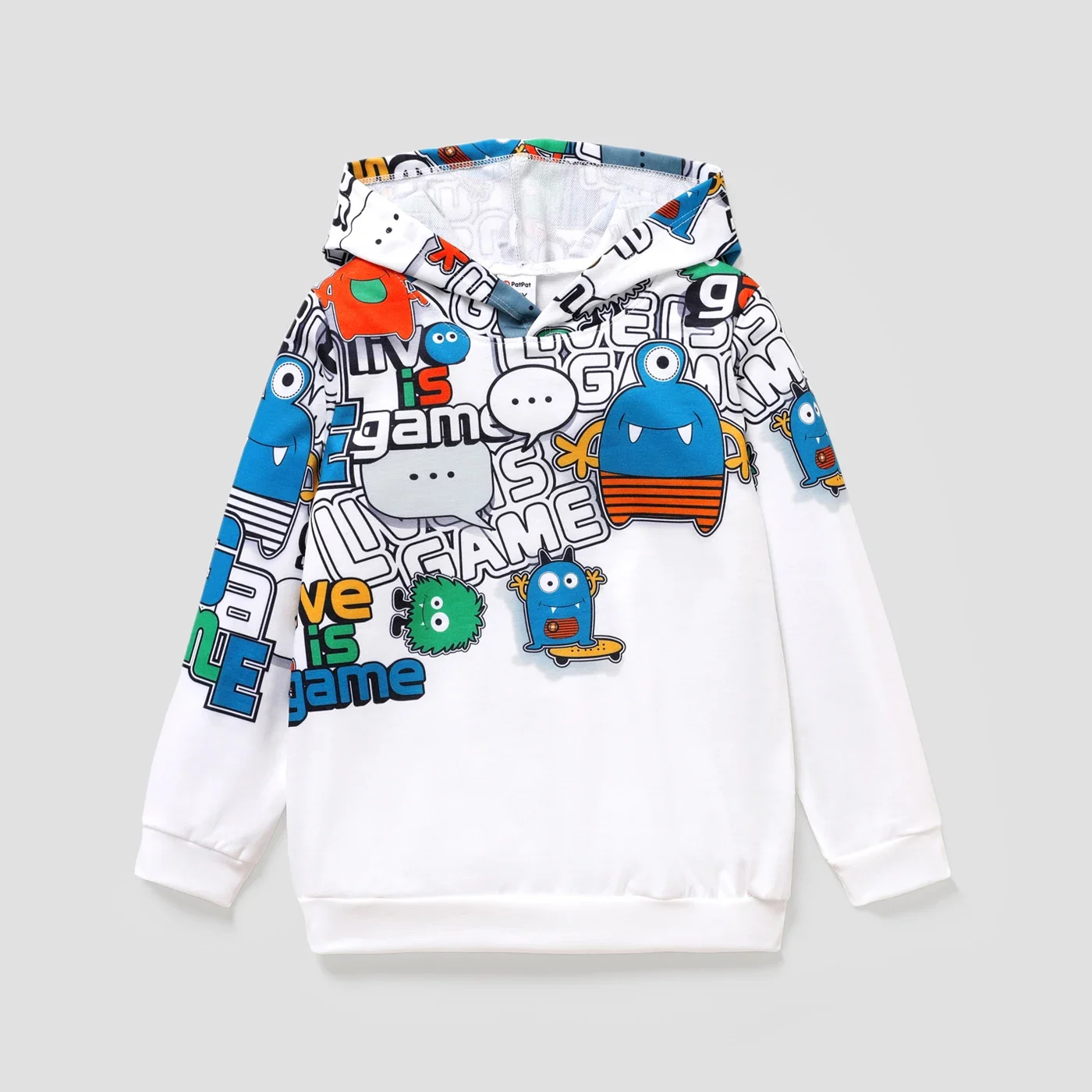 PatPat Kid Boy Letter and Cartoon Hooded Loose Sweatshirt Soft and Comfortable  Perfect for Outings and Daily Wear Basic Style