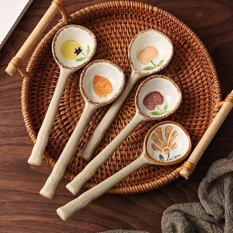 Japanese Style Ceramic Small Soup Spoon, Stoneware Spoon, Long Handle Spoon, Household Cute Creative Rice Spoon KitchenTableware