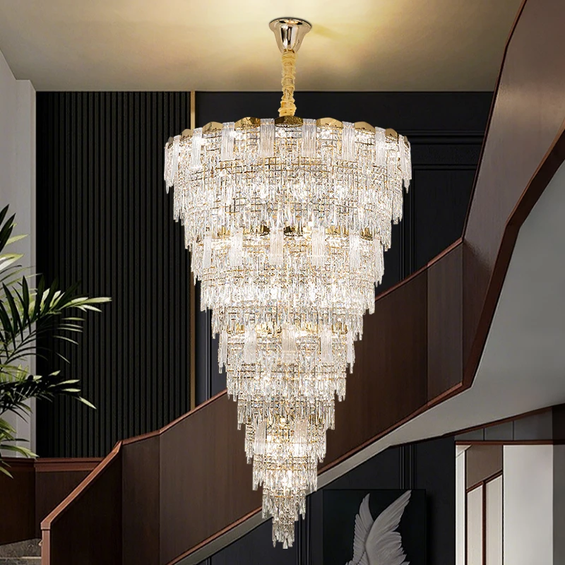 New Light Luxury Villa Features Spacious And High-Ceilinged Living Room Crystal Chandelier Hall Lamp And Modern Hollow Staircase