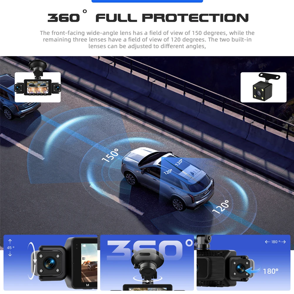  Podofo 3-Zoll 1080P 4-Linsen-Autokamera mit WLAN, DVR-Rekorder mit 480P In-Car-Kamera (links, rechts, hinten), Gravitationssensor und TF-Kartensteckplatz