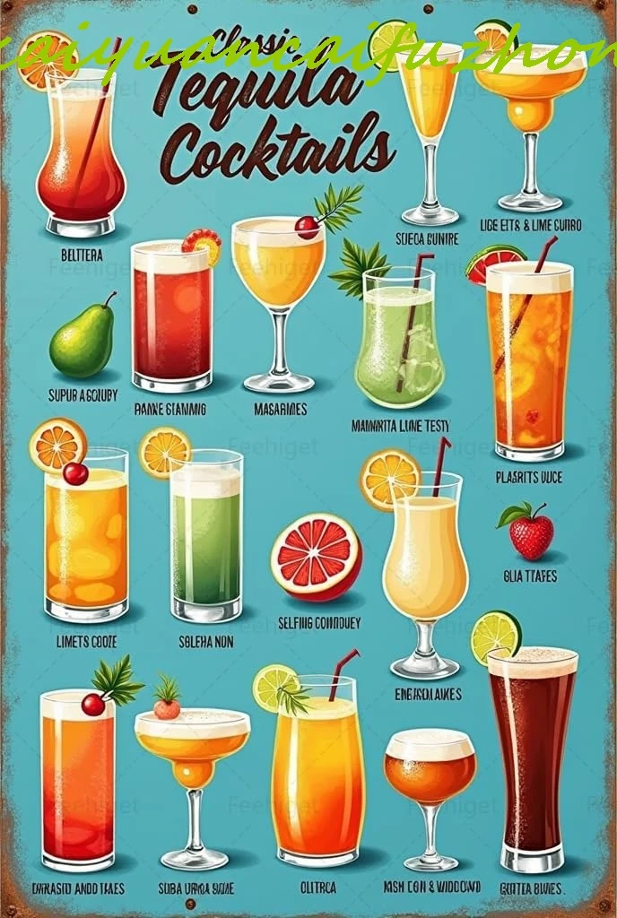 Classic Tequila Cocktails Metal Sign Vintage Metal Signs Garage Home Poster Wall Art Pub Bar Decor 12 X 8 Inch