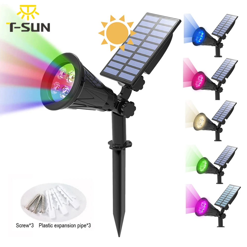 

T-SUNRISE Solar Powered 4/7 LED Lamp Adjustable Solar Spotlight In-Ground IP65 Waterproof Landscape Wall Light Outdoor Lighting