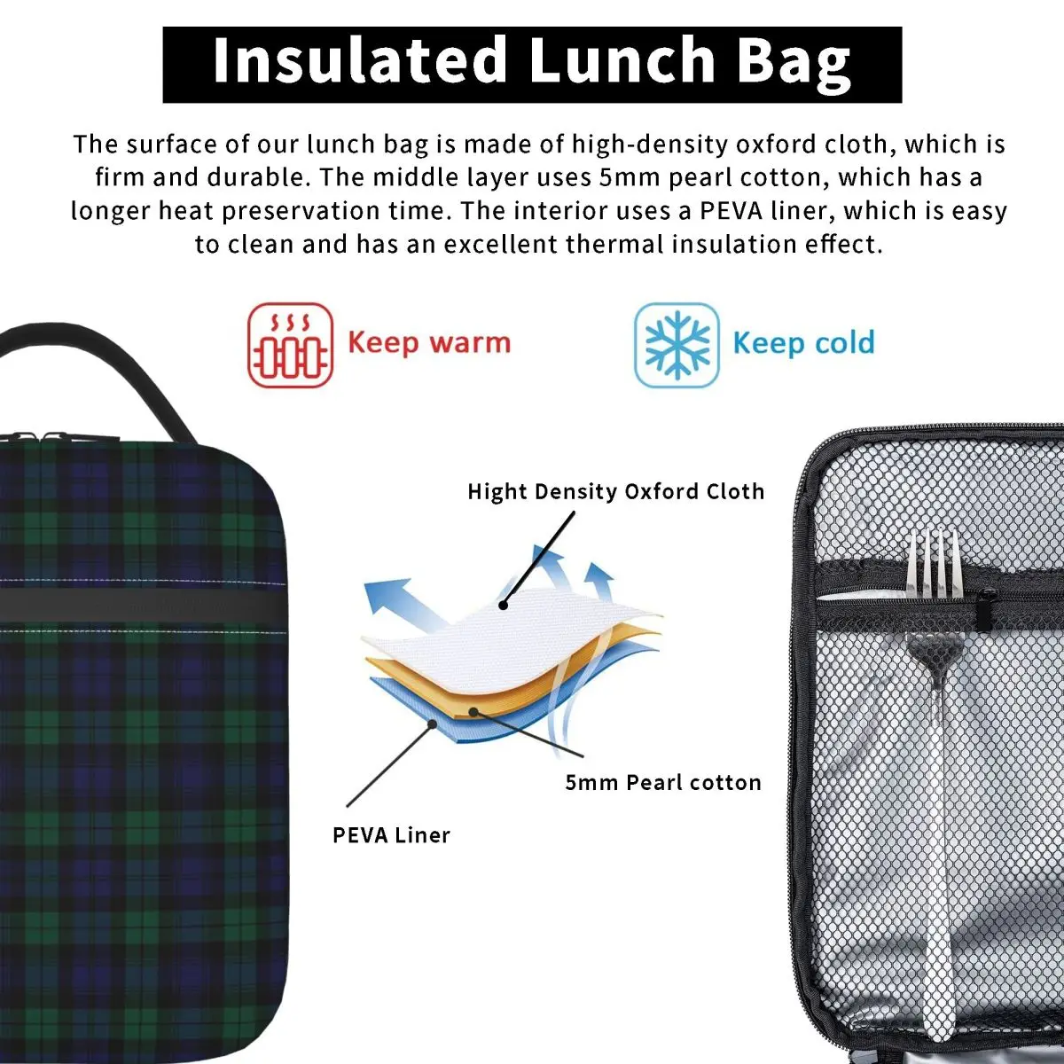 Blackwatch Tartan Clothing Modern Cute Blue And Green Plaid Insulated Lunch Bag Leakproof Food Boxes Thermal Lunch Box Tote