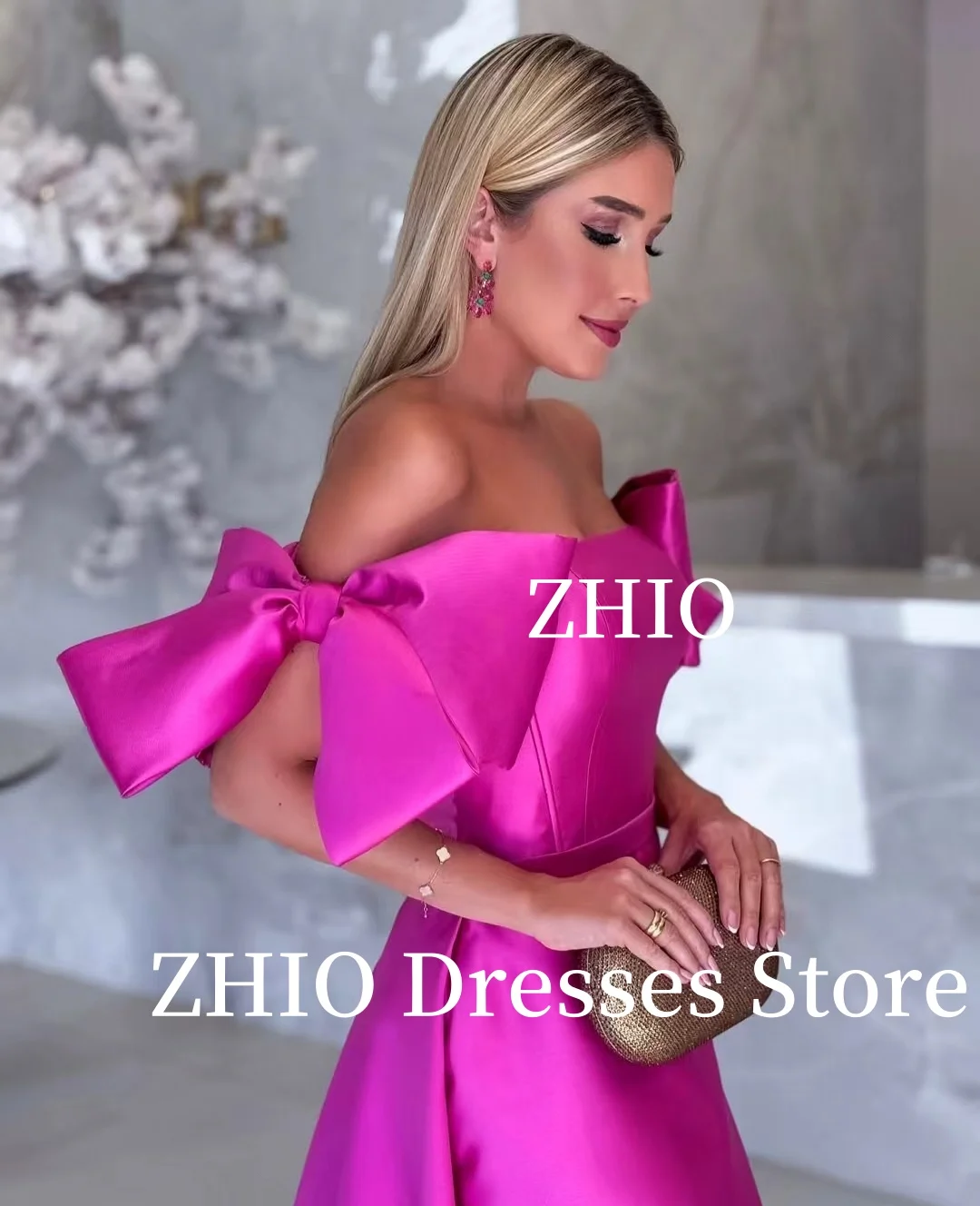 ZHIO Bow Off the Shoulder Evening Dresses A-Line Floor Length Candy Pink Formal Occasion Dress Cocotail Dress Customized Elegant