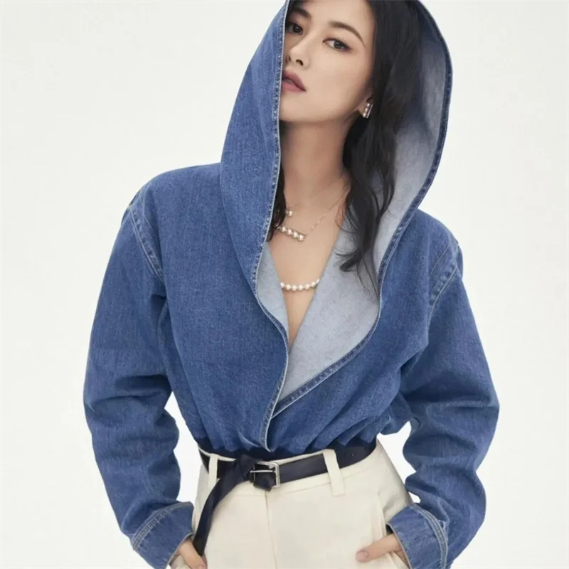2026 Spring Autumn New Denim Jacket Top High Grade Blue Loose Casual Hooded Denim Short Coat Jeans Outerwear Female