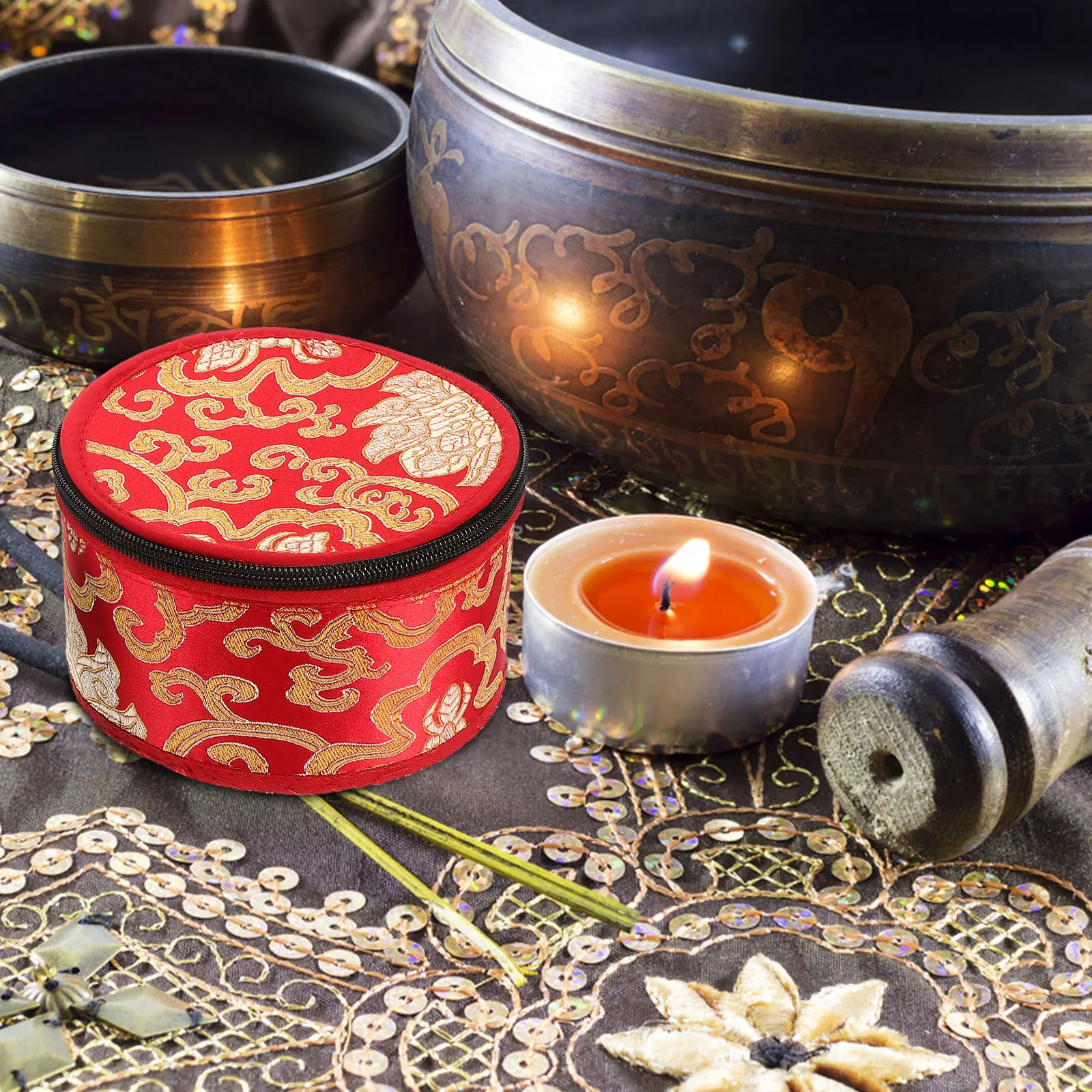 

1pc Tibetan Singing Bowl Case Handmade Embroidery Zipper Closure Storage Bag For Meditation Full Moon Sound