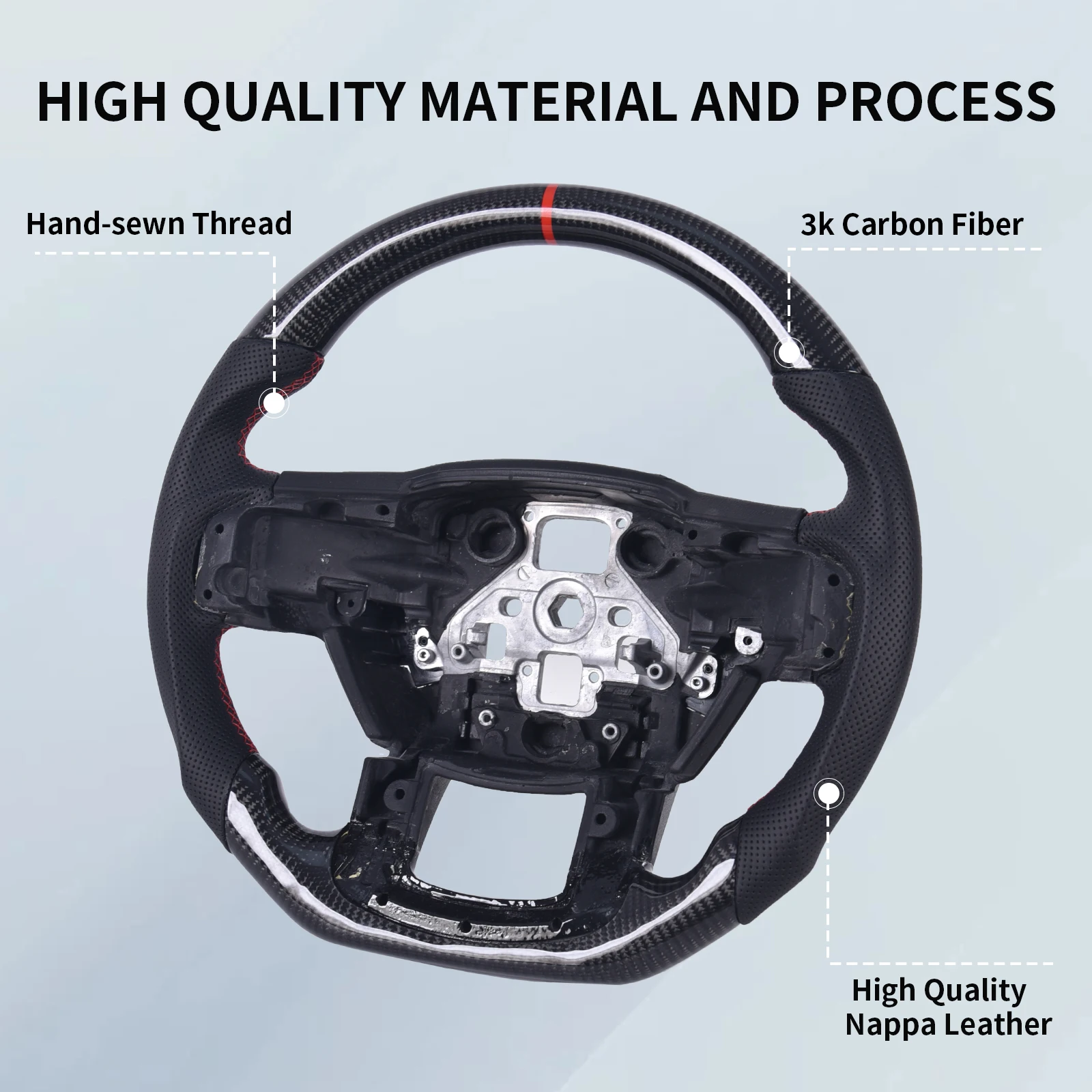 Carbon Fiber D-Shape Flat Bottom Steering Wheel with Perforated Leather Grip for Ford F150 2015-2020 Hand-Stitched Custom Design