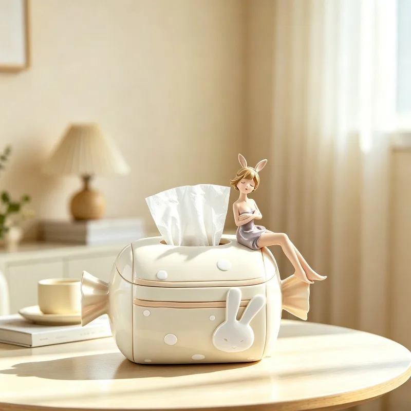 Nordic Resin Candy Rabbit Girl Tissue Box Ornaments Living Room Entrance Bedroom Desktop Paper Box Crafts Bathroom Accessories
