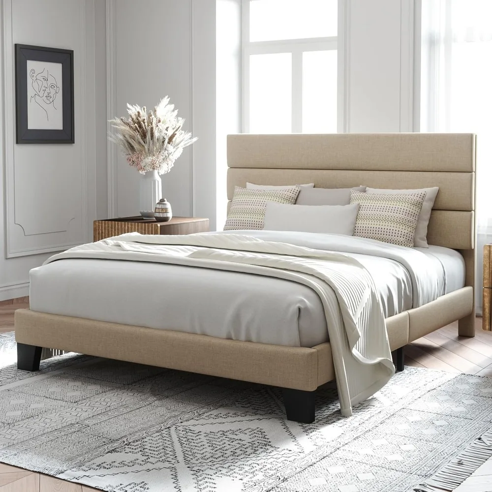 Cadre de lit plateforme queen size avec tête de lit rembourrée, support à lattes en bois, aucun sommier tapissier nécessaire, assemblage facile en beige